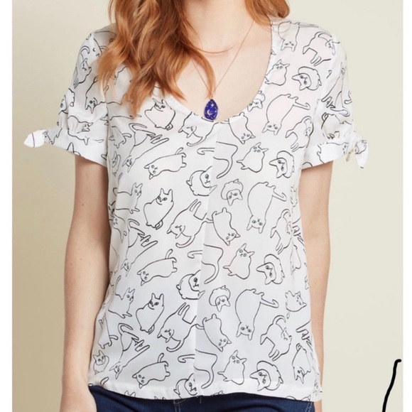 Modcloth Tops - ModCloth Ideal Discovery Cat Print Tie Sleeve Top S